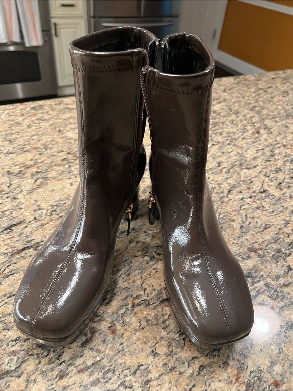 AEROSOLES Brown Patent Block Heel Ankle Boots